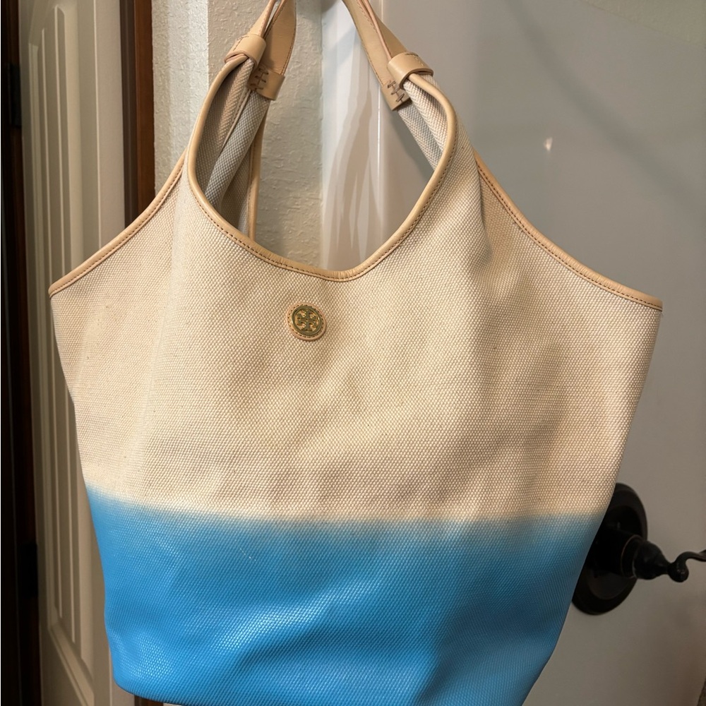 Tory Burch Tan and Blue Tote Bag